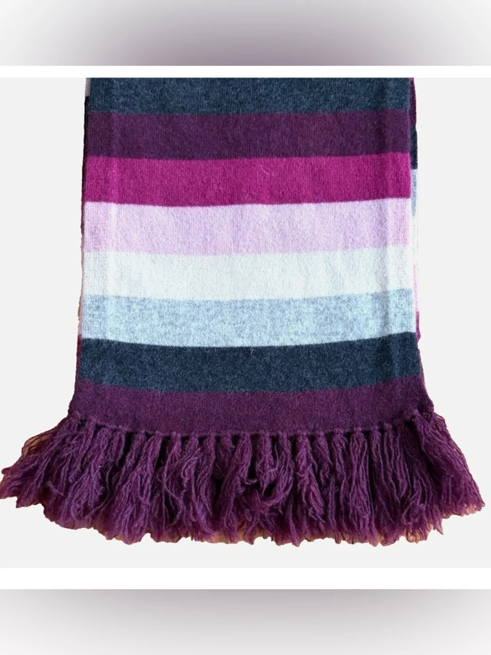 Mainbocher 100% Cashmere Scarf Burgundy Pink Gray Striped Fringe Wrap Shawl